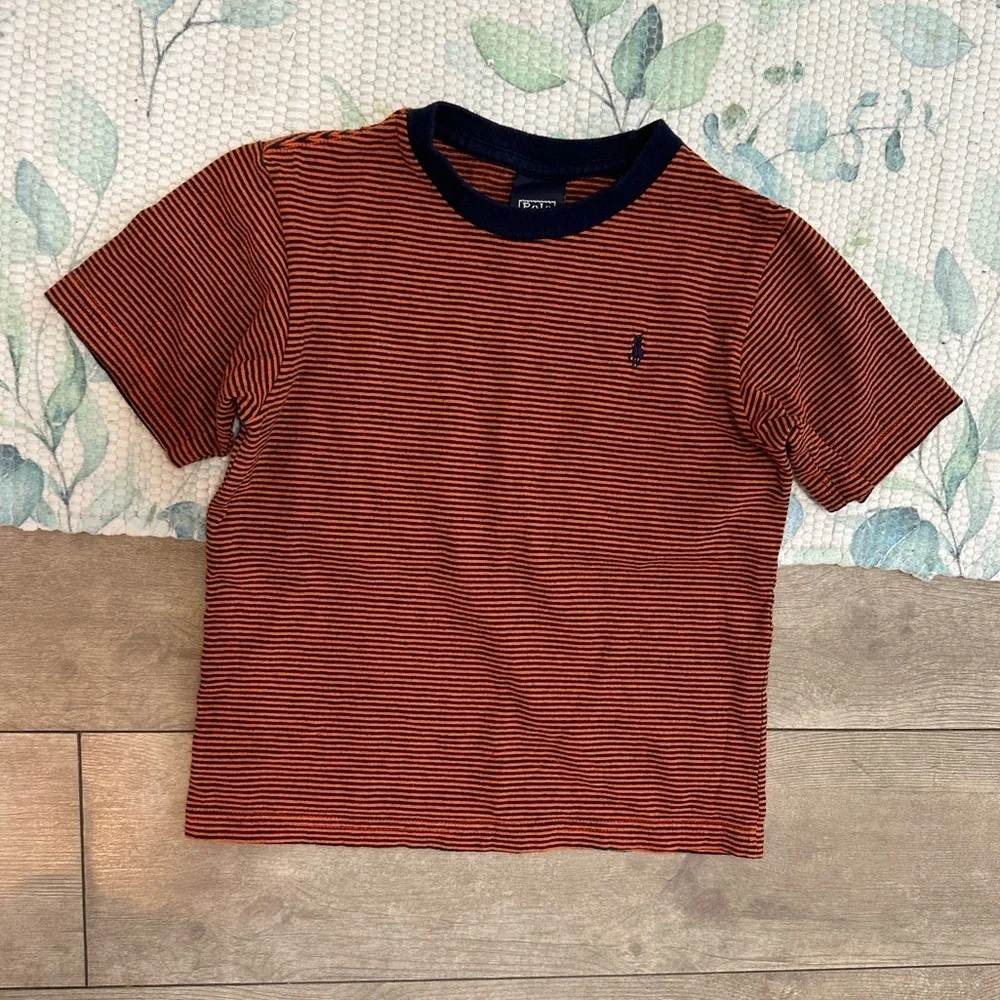 Rare Vintage Polo Ralph Lauren Little Boys Orange and Navy Striped Tee Size 5